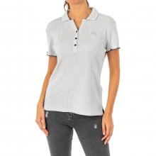 Women's shiny effect short-sleeved polo shirt with lapel collar LWP009
